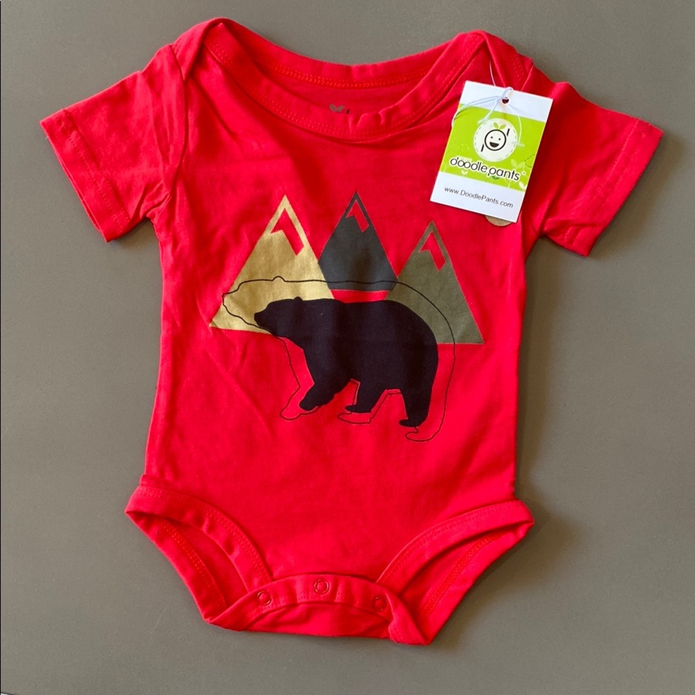 Red Baby Onesie with Bear and Mountain Design